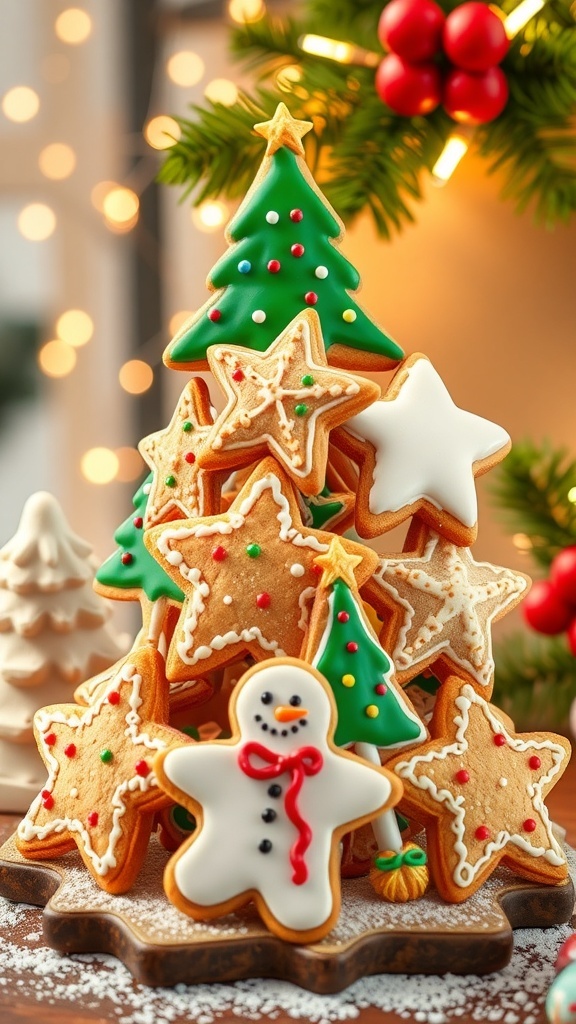 3D Christmas Decorated Cookies Recipe A variety of decorated 3D Christmas cookies shaped like trees, stars, and snowmen, arranged in a festive display.